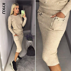 Women Two Piece Warm Set O-Neck Pearl Beading Knitted Pullover  Pencil Skirt Women Elegant 2 Piece Suits