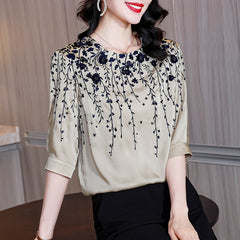 Women Elegant Blouses Print Round Neck Hafl Sleeve Loose Casual Elegante Satin Ladies Spring Summer Top Blusas DM0044