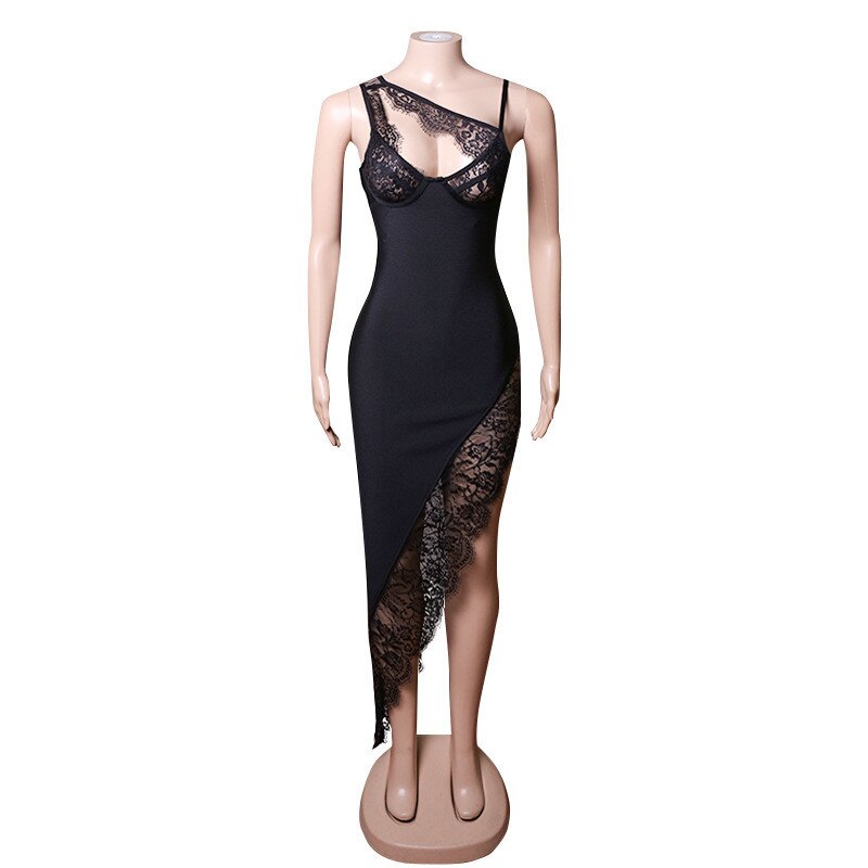Evening Party Lace Maxi Bandage Dress Summer Spaghetti Strap High Split Sheath Long Dresses Black Sexy Backless Women Vestidos