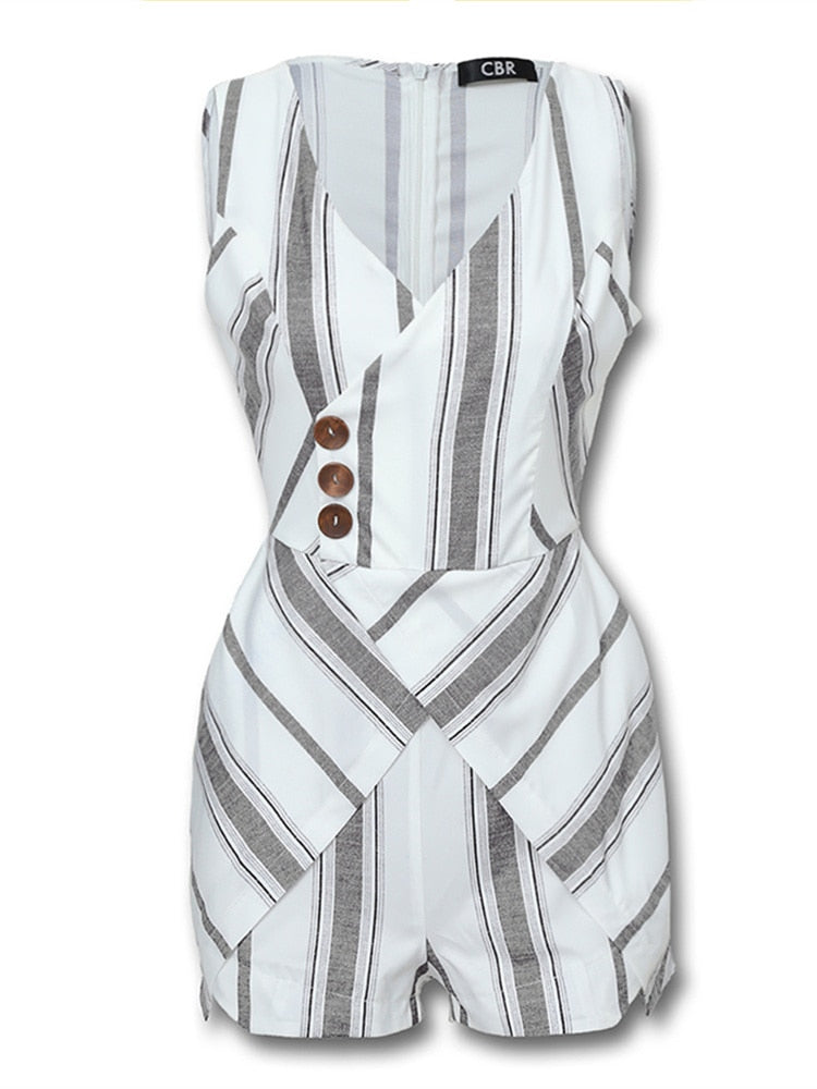 Jeana Sleeveless Striped Buttoned Design Romper