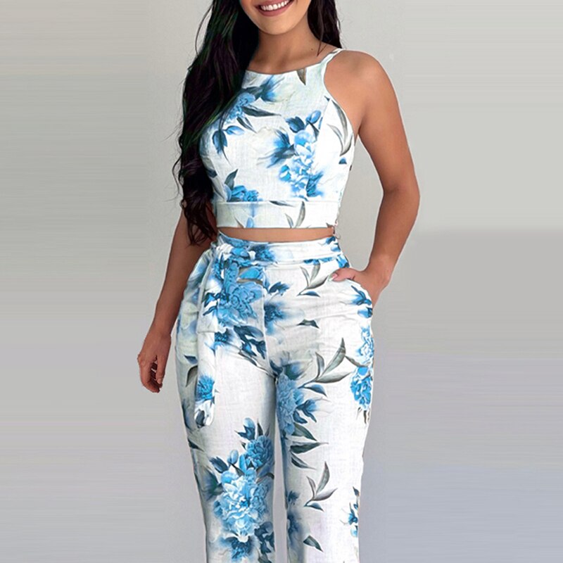 Floral Print Sleeveless Sexy Skinny Crop Top Boho Style Two Pieces Suit