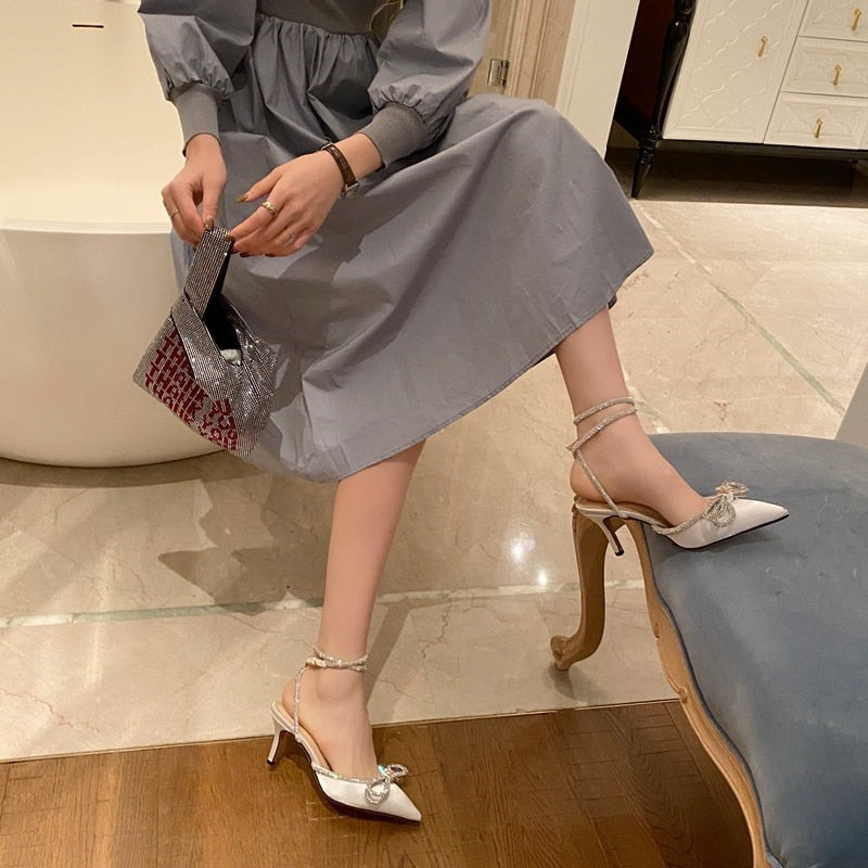 Glitter Rhinestones Women Pumps Crystal Bowknot Silk Pointed Toe Buckle Strap Thin High Heels