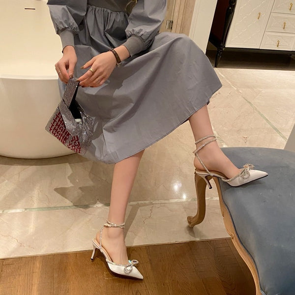 Glitter Rhinestones Women Pumps Crystal Bowknot Silk Pointed Toe Buckle Strap Thin High Heels