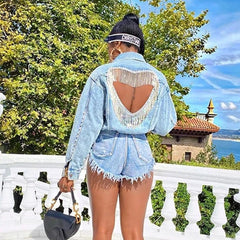 Rockin riley Denim Jacket Female Light Blue Diamond Tassel