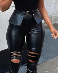 Spring Women Cutout PU Leather Skinny Pants With Belt 2022 New Sexy Femme High Waist Slit Trousers y2k Lady Clothing traf