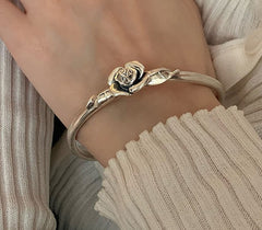 Handmade Vintage Silver Bracelet with Rose Design