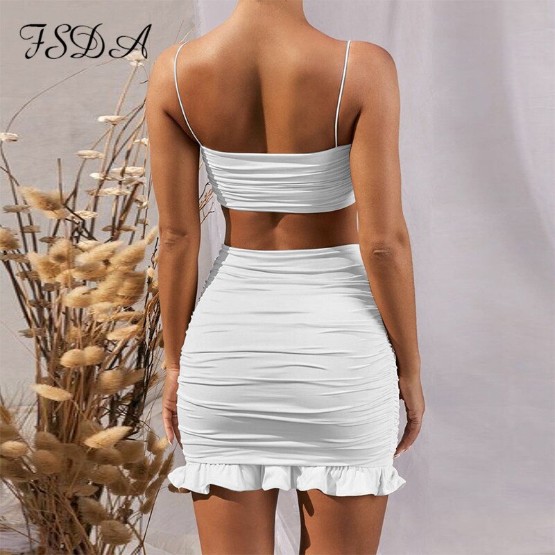 FSDA Summer 2020 Women Set Spaghetti Strap Crop Top White Sexy And Mini Bodycon Skirt Ruffles Party Outfit Club Two Piece Sets
