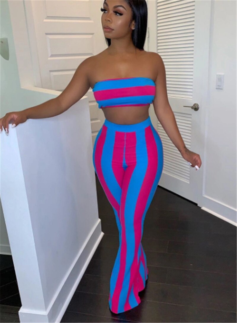 Two Piece Set Women 2021 Summer Elegant Pant Sets Striped Tube Crop Tops and Flare Pants Leggings Sexy Club 2Pcs Set Femme