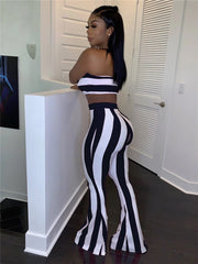Two Piece Set Women 2021 Summer Elegant Pant Sets Striped Tube Crop Tops and Flare Pants Leggings Sexy Club 2Pcs Set Femme