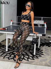 Kliou High Street Two Piece Set Women Hipster Mesh Print See Through Sleeveless Short Vest+High Waist Sheath Biker Pants Outfits