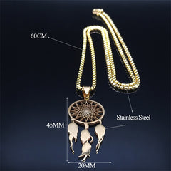 Feather Dream Catcher Stainless Steel Chain Necklaces Gold Color Long Necklaces Boho Jewelry sautoir femme long bohème N7021S01