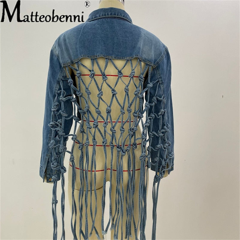 Womens Autumn 2021 New Fit Crop Tops Back Grid Tassel Design Long Sleeve Jean Coat Ladies Casual Street Plus Size Denim Jacket