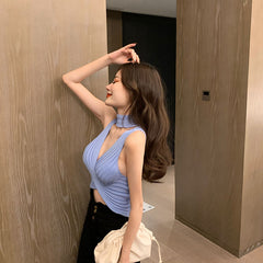 Women Knitting Halter Neck Cropped Tank Tops Female Knitted Crossed Sexy Camisole Sleeveless Solid T shirts Crop Tops