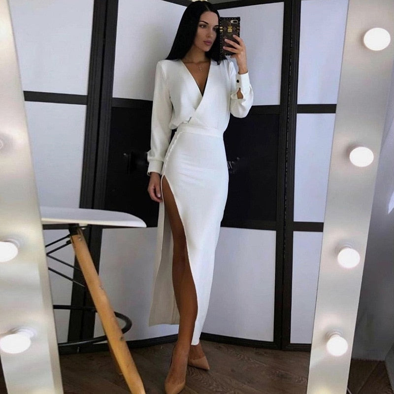 Elegant Long Sleeve White Bodycon Long Dress for Women Slit Sexy Party Evening Maxi Dresses 2021 Red Christmas Festival Clothing