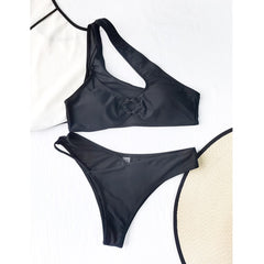 Sexy Hollow Out Bikini 2022 New One Shoulder Swimwear Women Swimsuit Female Two Pieces Bikini Set Solid Bathing Suits Beachwear