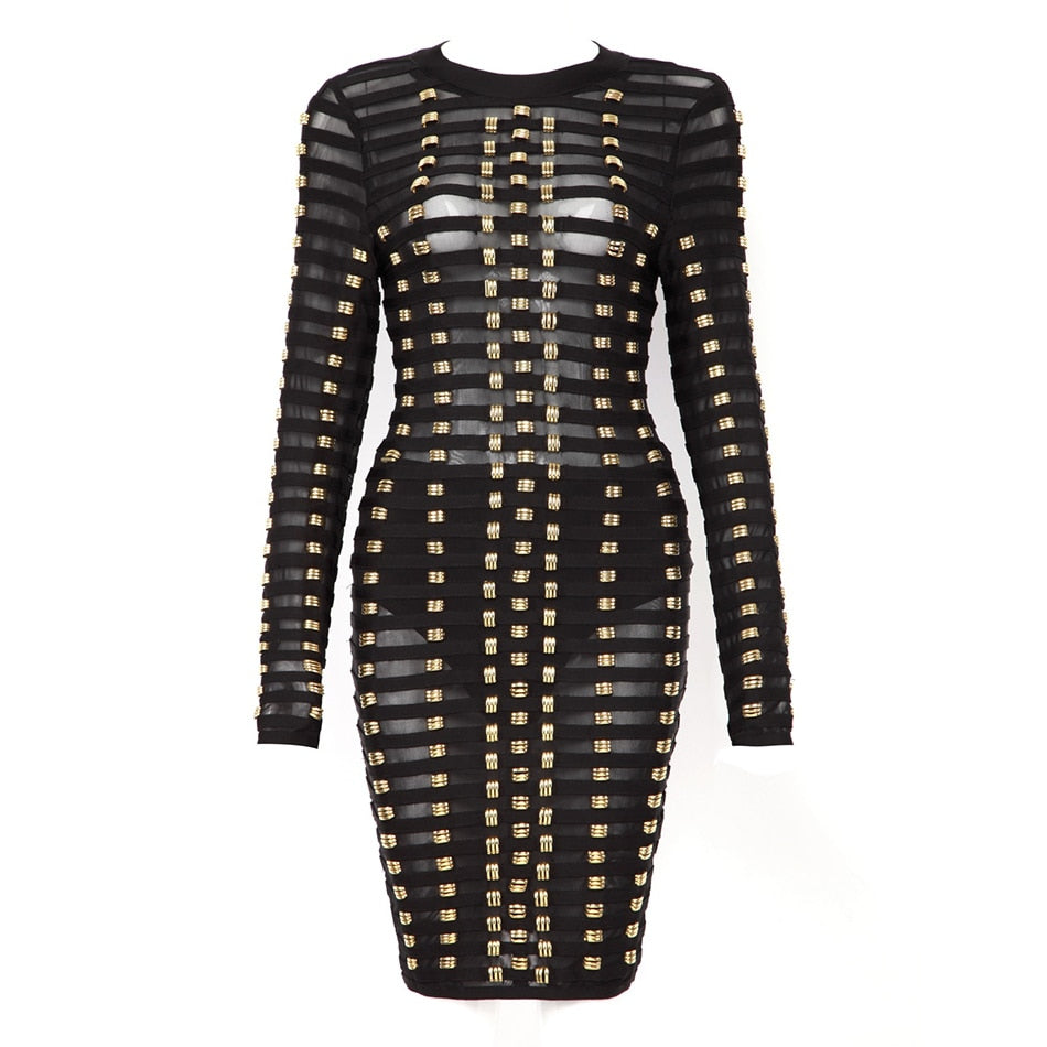 Free Shipping 2022 New Black Bandage Dress Women Spring Celebrity Party Dress Long Sleeve Mesh Mini Bodycon Club Dresses Vestido