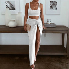 2 Pieces Crop Top And High Waist Long Skirts Set