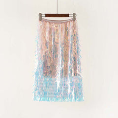Fashion Holographic Colorful Long Skirt Shiny Sequined Elastic Waist Multilayered Patchwork Skirts High Street Skirt For Lady
