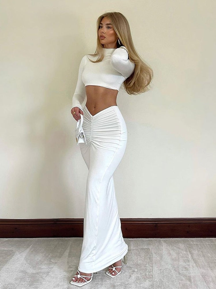 Cryptographic Elegant White Long Sleeve 2 Piece Set Outfits for Women Club Party Top and Dress Sets Long Ruched Matching Sets