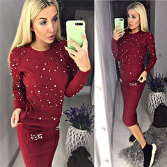 Women Two Piece Warm Set O-Neck Pearl Beading Knitted Pullover  Pencil Skirt Women Elegant 2 Piece Suits