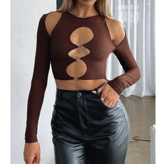 wsevypo Women Cutout Crop Tops Solid Color T-shirt Sexy Long Sleeve Round Neck Hollow Out Tees with Rings Streetwear Pullovers