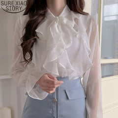 New Korean Chiffon Blouse Office Lady Fashion Tops Sweet Bow Blouse Women Blouses Casual Long Sleeve Summer Blouses Blusas 13864