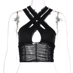 BOOFEENAA Sexy Cross Crop Top Black Mesh Patchwork Cyber Y2k Womens Clothing See Through Bralette Cute Tank Tops C15-BI10