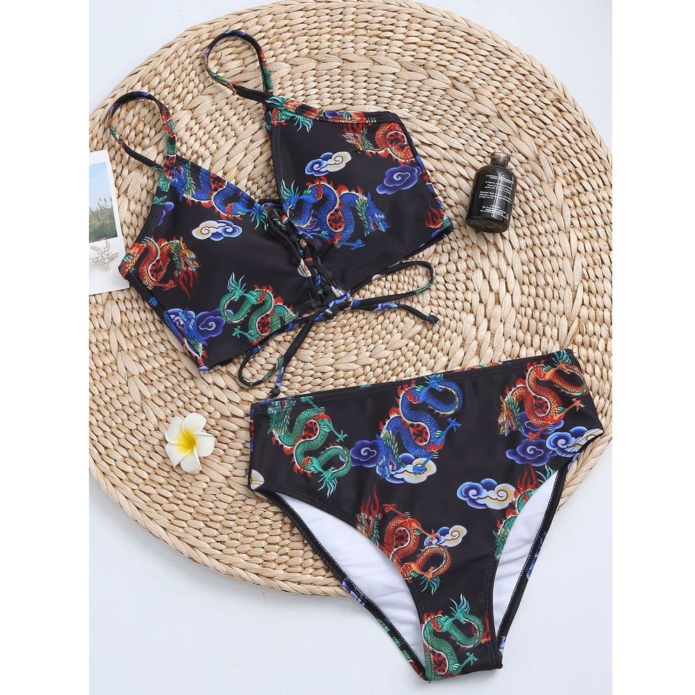 Dragon Print Strapped Push Up Cross Tied bikini