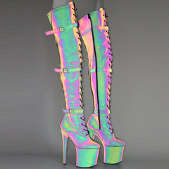Lace Up Thigh High Boots Sexy Exotic Pole Dance Colorful Reflective Fabric Luminous Platform Shoes