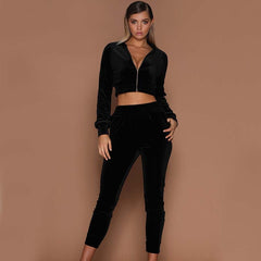 Velvet Tracksuit Crop Top Set Two Piece