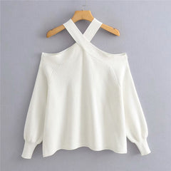 Stylish Halter Without Shoulder Sweater Stretchy Design Long Sleeve Female Chic Knitted Tops