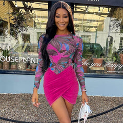 ANJAMANOR Sexy Long Sleeve Bodycon Dress Sets Mesh Bodysuit Ruched Mini Skirts Two Piece Set Club Outfits for Women D85-CG19