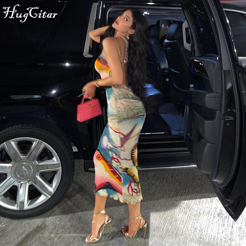 Hugcitar 2021 Sleeveless Hollow Out Straps Asymmetric Print Backless Ruched Sexy Maxi Dress Summer Women Streetwear Y2K