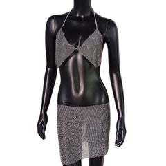 Bling Rhinestones 2 Piece Set Women Halter Tank Top Side Slit Mini Skirt