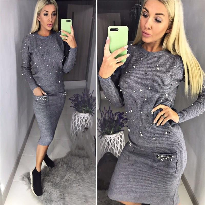 Women Two Piece Warm Set O-Neck Pearl Beading Knitted Pullover  Pencil Skirt Women Elegant 2 Piece Suits