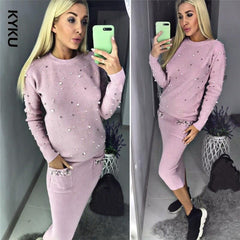 Women Two Piece Warm Set O-Neck Pearl Beading Knitted Pullover  Pencil Skirt Women Elegant 2 Piece Suits