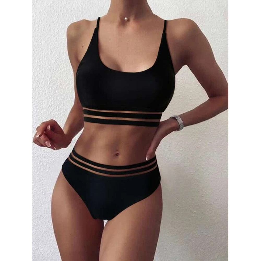 Tengweng Black Mesh Bikini 2022 Bandeau Sexy High Waist Swimwear Female 2 Pieces Set Swimsuit Bathing Suit Women Bathers Beach