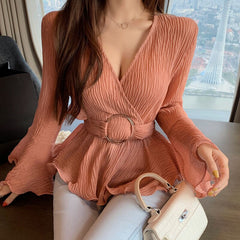 Women Sexy Lace Wavy Edge Wrinkles Chiffon Shirt 2021 New Female Chiffon Temperament V-Neck All-Match Solid Color T-Shirts