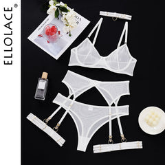 Ellolace Set Woman 4 Pieces Sexy Erotic Lingerie Underwear Bra Garters Brief Sets Transparent Lace Seamless Blue Setup Ladies