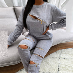 Fashion New Zipper Hollow Out Two-Piece Set Long Pant Ladies Streetwear Suits