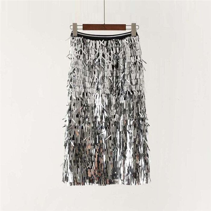 Fashion Holographic Colorful Long Skirt Shiny Sequined Elastic Waist Multilayered Patchwork Skirts High Street Skirt For Lady
