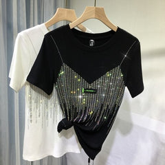 Heavy Embroidery Hot Drilling T-shirt Women Fake Two-Piece Shiny Slim Fitted Short-Sleeved T Shirt O-Neck Tops Femme Knited Tees