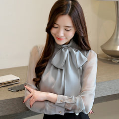 2022 New Summer Fashion Tunic Women Blouse Shirts Long Sleeve Tie Bow Chiffon Turtleneck Formal Women White Black Shirts 0599 30
