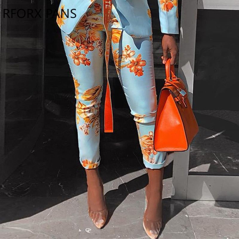 Women Chic Elegant All over Print  Long Sleeve Sashes Ankle-Length Pants Spring Working Blazer Sets