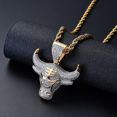 Men Hip Hop Fashion Full Rhinestone Bull Head Pendant Necklace Sparkling Ice Out Gold Plated Metal Necklace