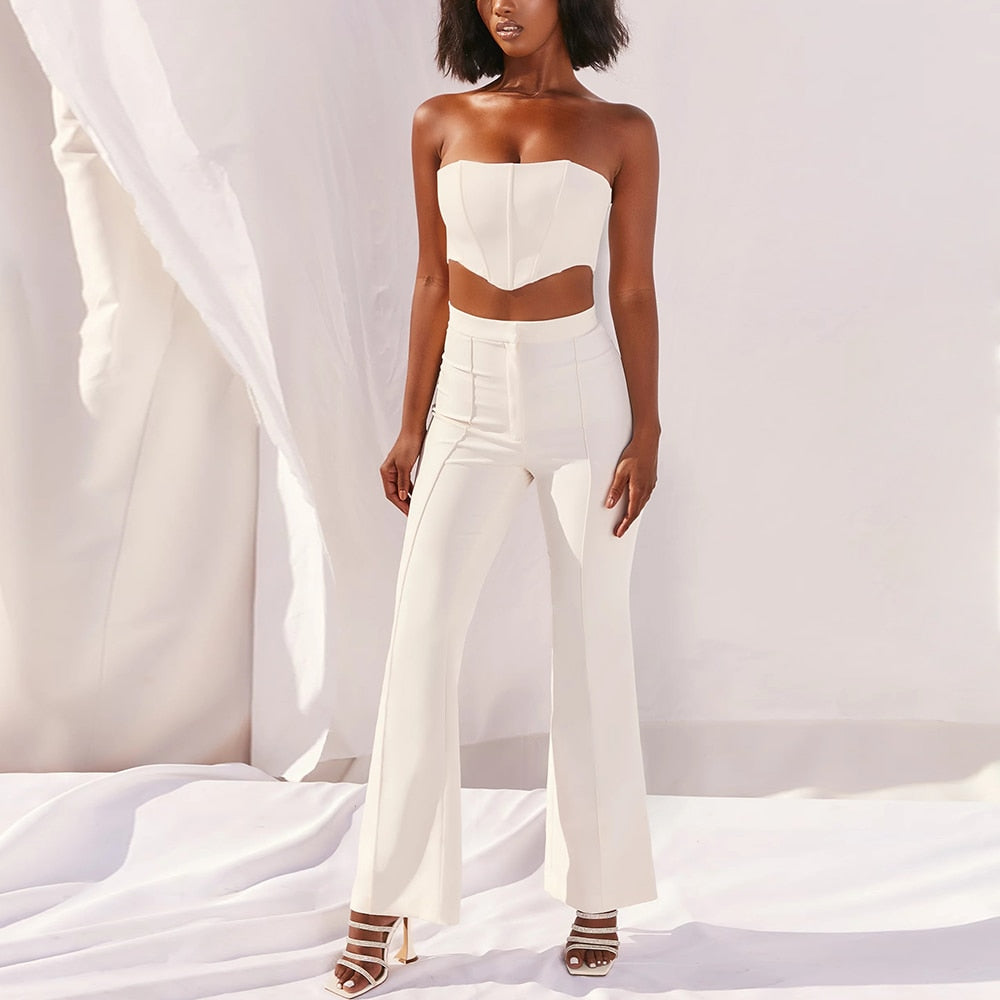 JillPeri Strapless Corset Crop Top and Flare Pants Sets Solid High Waist Women Sexy Outfit Elegant Casual Legging 2 Piece Set
