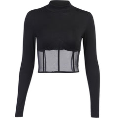 InstaHot Mesh Patchwork Black Women&#39;s tshirt Slim Transparent Casual Tshirt Streetwear Crop Tops 2020 Autumn Long Sleeve Tee Top