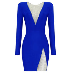 Beading Long Sleeve Rayon Bandage Sexy Hollow Out Mini Runway Dress