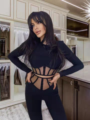 Two-piece Set Black Sexy Long Sleeve Mesh Tight Bandage Set