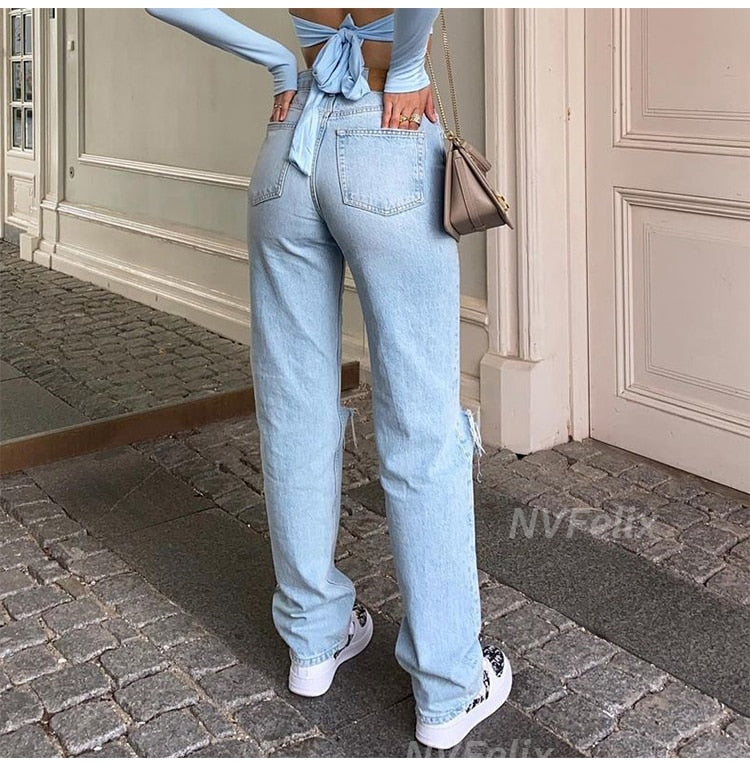 Loose Fit Jeans Ripped Wide Leg High Waist Blue Wash Casual Cotton Denim Trousers  Baggy Jean Pants